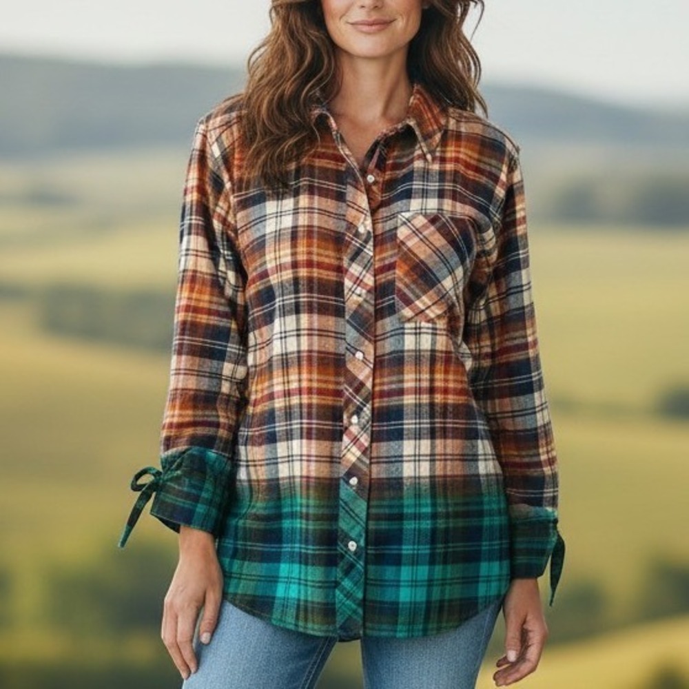 NEW Tru Luxe Dip Dye Plaid Flannel Women Sz M Brown Teal Ombre Ruched Cuff Fall
